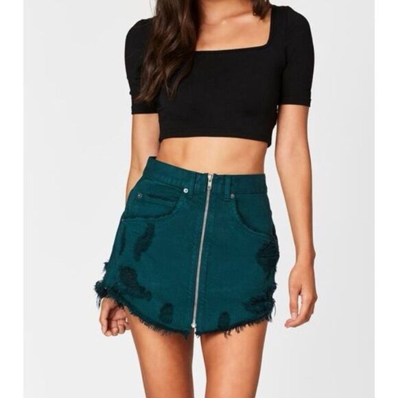 Carmar Teal Green / Blue LF Beatrice Zip Front Distressed Mini Denim Skirt - Picture 1 of 10